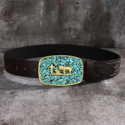 Western Belt Buckle for Men, Antique Golden Horse Belt Buckle with Turquoise Surface Women Halloween Christmas in Saudi Arabia