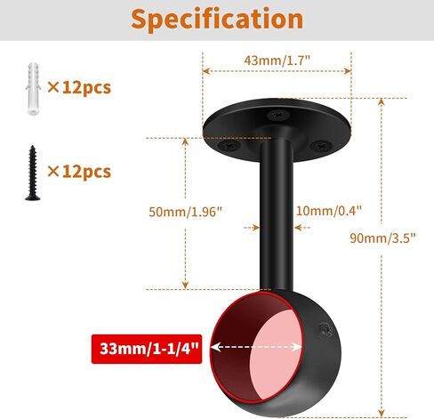 دعامات قضبان ستائر السقف، حوامل قضبان ستائر شديدة التحمل مقاس 1-1/4 بوصة شماعات خطاطيف قضبان ستائر سوداء لدعم قضبان شفة خزانة الحائط، دعامة تثبيت على السقف لقضيب الستارة، 4 عبوات in Kuwait