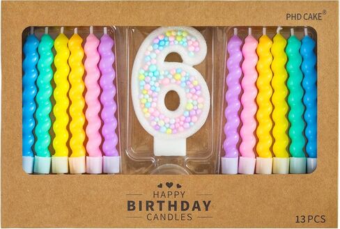 PHD CAKE Number 6 Birthday Candle Macaron Glitter Number Candle with Rainbow Spiral Candles in Holders for Cake Topper, Pastel Sweet Theme Party Decoration in Saudi Arabia