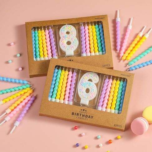 PHD CAKE Number 6 Birthday Candle Macaron Glitter Number Candle with Rainbow Spiral Candles in Holders for Cake Topper, Pastel Sweet Theme Party Decoration in Saudi Arabia
