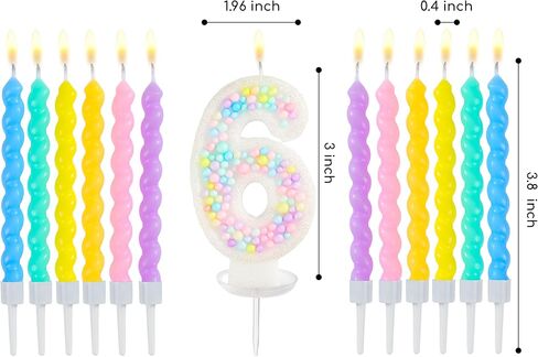 PHD CAKE Number 6 Birthday Candle Macaron Glitter Number Candle with Rainbow Spiral Candles in Holders for Cake Topper, Pastel Sweet Theme Party Decoration in Saudi Arabia