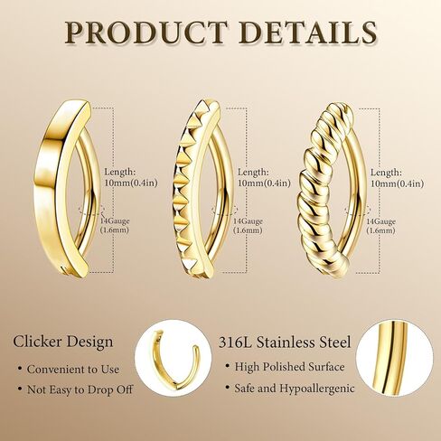 3Pcs Gold Belly Button Ring Hypoallergenic 316L Surgical Steel Sparkling CZ Heart Clicker Hoop Navel Jewelry for Women Body Piercing in Saudi Arabia