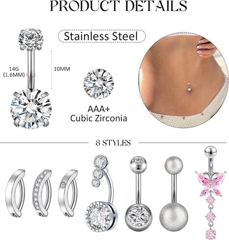 8pcs/10pcs حلقات زر البطن 14G 1.6 مم من الفولاذ المقاوم للصدأ منحني جسم ثقب حلقات حلقات البطن حزمة السرة للنساء الذهب الفضي in Kuwait