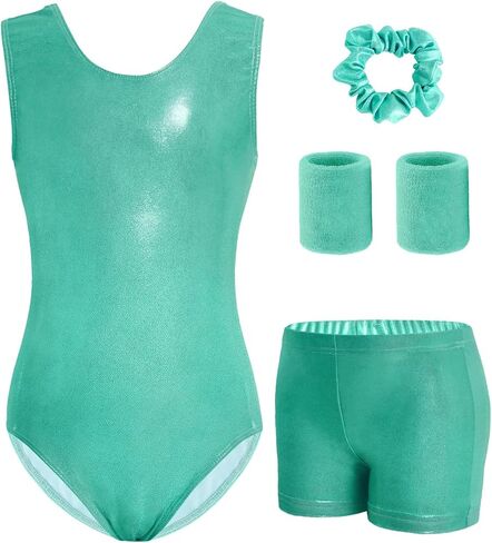 JiAmy Girls Gymnastics Leotards with Shorts & 2 Wristbands Ballet Dance Sparkly Gymnastic Outfit for Kid Size 3-12 Years in Saudi Arabia