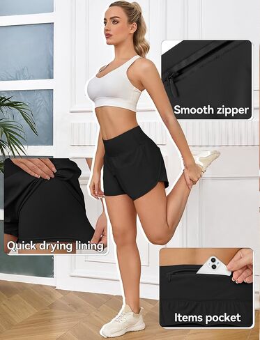 Womens Athletic Running Shorts with Liner - Quick Dry Gym Workout Shorts,Zipper Pocket in Kuwait