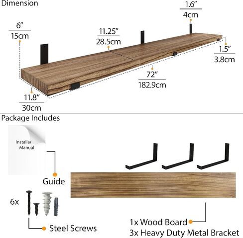 Wallniture Forte 60 بوصة × 11.5 بوصة أرفف عائمة ريفية للجدار، أرفف حائط لغرفة النوم، أقواس شديدة التحمل بسمك 1.5 بوصة، رف كتب للجدار، رف جدار المكتب والمطبخ، محروق، خشب، قطعة واحدة in Saudi Arabia