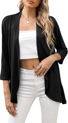 HIYIYEZI Women's Casual Lightweight Open Front Cardigans Soft Draped Ruffles 3/4 Sleeve Cardigan in Saudi Arabia