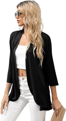 HIYIYEZI Women's Casual Lightweight Open Front Cardigans Soft Draped Ruffles 3/4 Sleeve Cardigan in Saudi Arabia