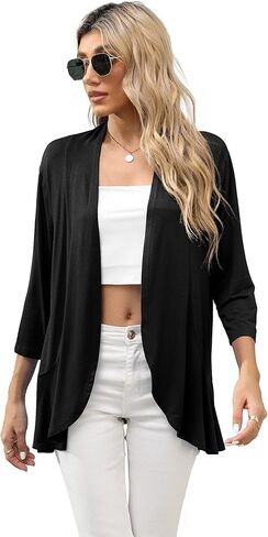 HIYIYEZI Women's Casual Lightweight Open Front Cardigans Soft Draped Ruffles 3/4 Sleeve Cardigan in Saudi Arabia