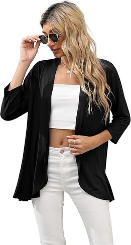 HIYIYEZI Women's Casual Lightweight Open Front Cardigans Soft Draped Ruffles 3/4 Sleeve Cardigan in Saudi Arabia
