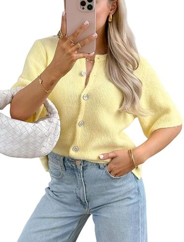 Arssm Women's Knitted Crop Cardigan Y2k Short Sleeve Button Down Cardigan Shirt Ribbed Knit Solid Color Lightweight Outwear in Kuwait