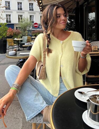 Arssm Women's Knitted Crop Cardigan Y2k Short Sleeve Button Down Cardigan Shirt Ribbed Knit Solid Color Lightweight Outwear in Kuwait