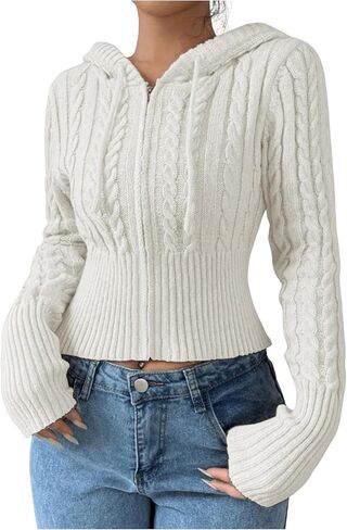 SOLY HUX Women's Zip Up Hooded Crop Cardigan Cable Knit Hoodies Long Sleeve Y2k Sweater Jacket in Saudi Arabia