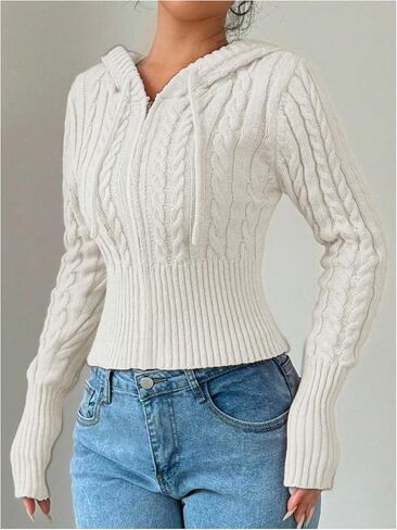 SOLY HUX Women's Zip Up Hooded Crop Cardigan Cable Knit Hoodies Long Sleeve Y2k Sweater Jacket in Saudi Arabia