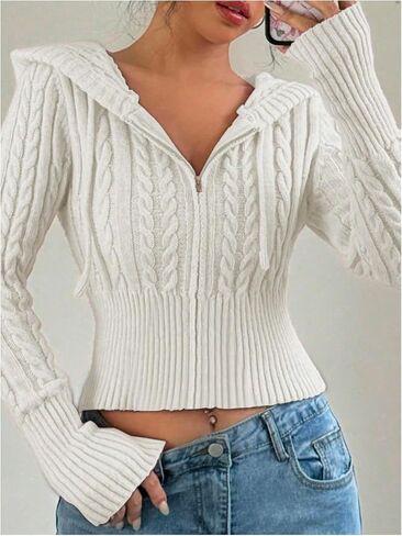 SOLY HUX Women's Zip Up Hooded Crop Cardigan Cable Knit Hoodies Long Sleeve Y2k Sweater Jacket in Saudi Arabia