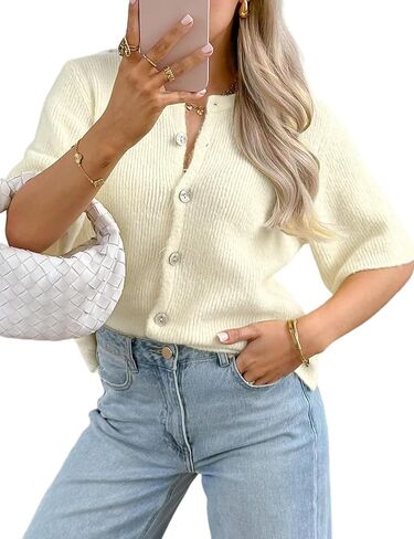 Arssm Women's Knitted Crop Cardigan Y2k Short Sleeve Button Down Cardigan Shirt Ribbed Knit Solid Color Lightweight Outwear in Kuwait