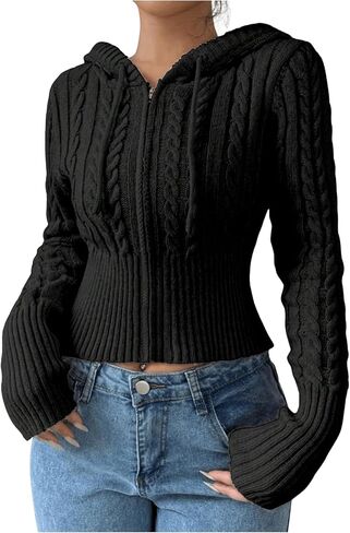 SOLY HUX Women's Zip Up Hooded Crop Cardigan Cable Knit Hoodies Long Sleeve Y2k Sweater Jacket in Saudi Arabia