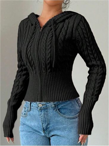 SOLY HUX Women's Zip Up Hooded Crop Cardigan Cable Knit Hoodies Long Sleeve Y2k Sweater Jacket in Saudi Arabia