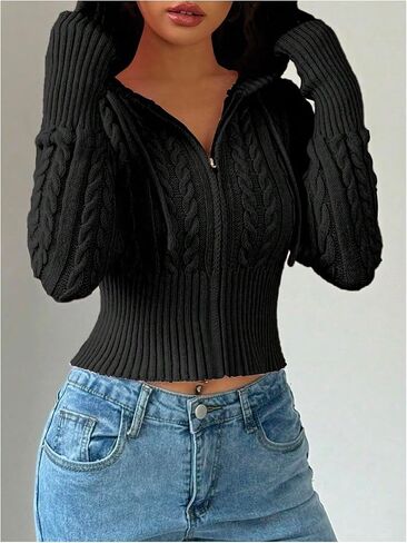 SOLY HUX Women's Zip Up Hooded Crop Cardigan Cable Knit Hoodies Long Sleeve Y2k Sweater Jacket in Saudi Arabia