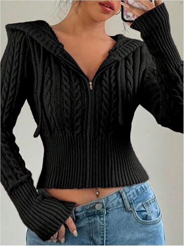 SOLY HUX Women's Zip Up Hooded Crop Cardigan Cable Knit Hoodies Long Sleeve Y2k Sweater Jacket in Saudi Arabia