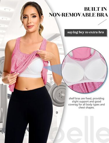 SLIMBELLE Mesh Racer Back Tank Tops Womens Gym Yoga Athletic Workout Tops Round Neck Sleeveless Cami with Built in Bra in Saudi Arabia