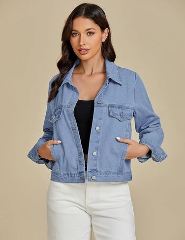 لوفاميا سترات الدنيم للنساء العصرية الزر غير الرسمي لأسفل مريح مناسبة السائق الغربي الشاحنة جاكيت جان مع جيب in Saudi Arabia