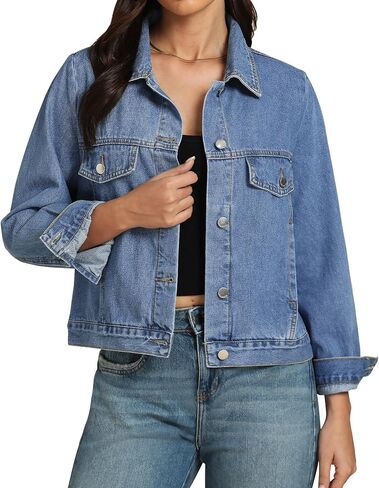 luvamia Denim Jackets for Women Trendy Casual Button Down Relaxed Fit Western Trucker Distressed Jean Jacket with Pocket in Kuwait