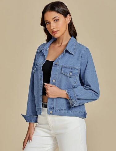 luvamia Denim Jackets for Women Trendy Casual Button Down Relaxed Fit Western Trucker Distressed Jean Jacket with Pocket in Kuwait