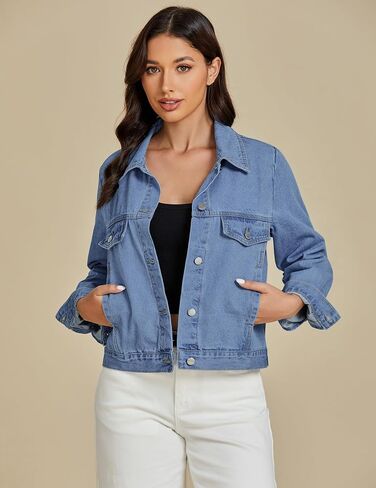 luvamia Denim Jackets for Women Trendy Casual Button Down Relaxed Fit Western Trucker Distressed Jean Jacket with Pocket in Kuwait