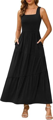 Kranda 2025 Summer Sleeveless Long Beach Sundress Square Neck Tank Top Tiered Maxi Dress with Pockets in Saudi Arabia