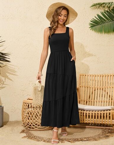 Kranda 2025 Summer Sleeveless Long Beach Sundress Square Neck Tank Top Tiered Maxi Dress with Pockets in Saudi Arabia