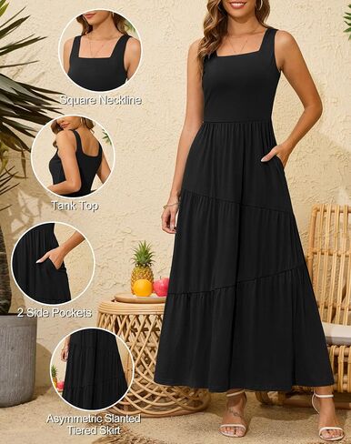 Kranda 2025 Summer Sleeveless Long Beach Sundress Square Neck Tank Top Tiered Maxi Dress with Pockets in Saudi Arabia