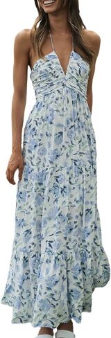 Women's Halter Neck Floral Maxi Dress 2024 Summer Boho Long Sundress Sexy Sleeveless Backless Flowy Ruffle Dress in Kuwait