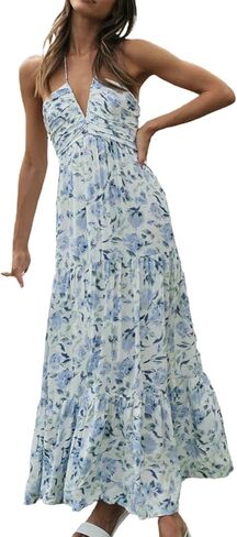 Women's Halter Neck Floral Maxi Dress 2024 Summer Boho Long Sundress Sexy Sleeveless Backless Flowy Ruffle Dress in Kuwait