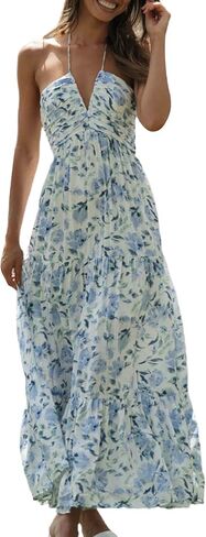 Women's Halter Neck Floral Maxi Dress 2024 Summer Boho Long Sundress Sexy Sleeveless Backless Flowy Ruffle Dress in Kuwait