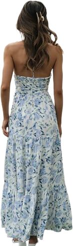 Women's Halter Neck Floral Maxi Dress 2024 Summer Boho Long Sundress Sexy Sleeveless Backless Flowy Ruffle Dress in Kuwait
