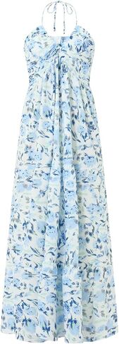Women's Halter Neck Floral Maxi Dress 2024 Summer Boho Long Sundress Sexy Sleeveless Backless Flowy Ruffle Dress in Kuwait