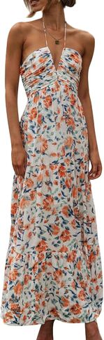 Women's Halter Neck Floral Maxi Dress 2024 Summer Boho Long Sundress Sexy Sleeveless Backless Flowy Ruffle Dress in Kuwait