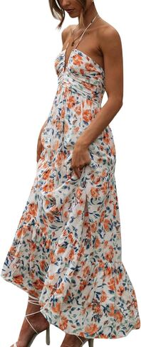 Women's Halter Neck Floral Maxi Dress 2024 Summer Boho Long Sundress Sexy Sleeveless Backless Flowy Ruffle Dress in Kuwait