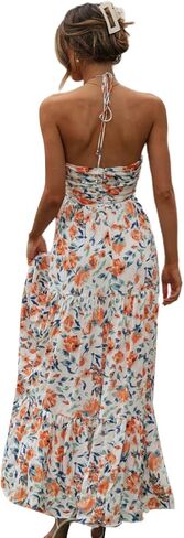 Women's Halter Neck Floral Maxi Dress 2024 Summer Boho Long Sundress Sexy Sleeveless Backless Flowy Ruffle Dress in Kuwait