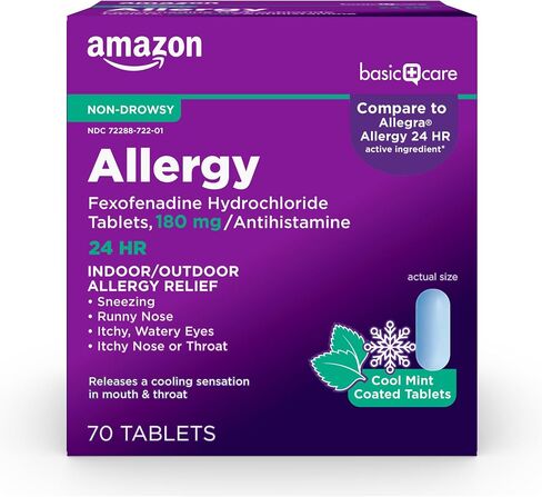 Amazon Basic Care، تخفيف الحساسية لمدة 24 ساعة، أقراص جل فيكسوفينادين هيدروكلوريد 180 مجم، مضادات الهيستامين التي لا تسبب النعاس، 60 قطعة in Kuwait