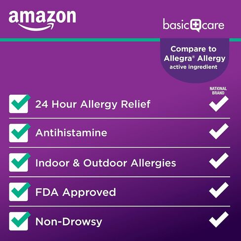 Amazon Basic Care، تخفيف الحساسية لمدة 24 ساعة، أقراص جل فيكسوفينادين هيدروكلوريد 180 مجم، مضادات الهيستامين التي لا تسبب النعاس، 60 قطعة in Kuwait