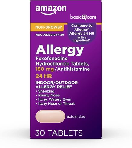 Amazon Basic Care، تخفيف الحساسية لمدة 24 ساعة، أقراص جل فيكسوفينادين هيدروكلوريد 180 مجم، مضادات الهيستامين التي لا تسبب النعاس، 60 قطعة in Kuwait