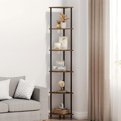 6 Tier Corner Shelf, Bookcase for Small Spaces, Corner Display Shelf, Plant Stand, Rustic Brown and Black,Suitable for Bedroom,Living Room,Kitchen in Saudi Arabia