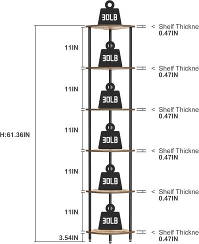 6 Tier Corner Shelf, Bookcase for Small Spaces, Corner Display Shelf, Plant Stand, Rustic Brown and Black,Suitable for Bedroom,Living Room,Kitchen in Saudi Arabia