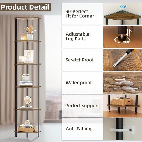 6 Tier Corner Shelf, Bookcase for Small Spaces, Corner Display Shelf, Plant Stand, Rustic Brown and Black,Suitable for Bedroom,Living Room,Kitchen in Saudi Arabia