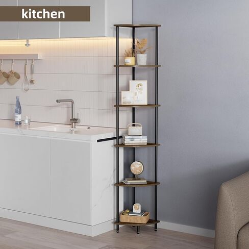 6 Tier Corner Shelf, Bookcase for Small Spaces, Corner Display Shelf, Plant Stand, Rustic Brown and Black,Suitable for Bedroom,Living Room,Kitchen in Saudi Arabia