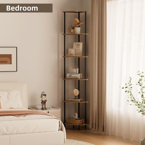 6 Tier Corner Shelf, Bookcase for Small Spaces, Corner Display Shelf, Plant Stand, Rustic Brown and Black,Suitable for Bedroom,Living Room,Kitchen in Saudi Arabia