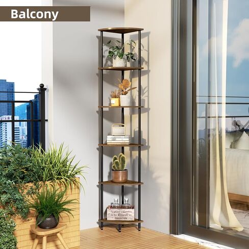6 Tier Corner Shelf, Bookcase for Small Spaces, Corner Display Shelf, Plant Stand, Rustic Brown and Black,Suitable for Bedroom,Living Room,Kitchen in Saudi Arabia