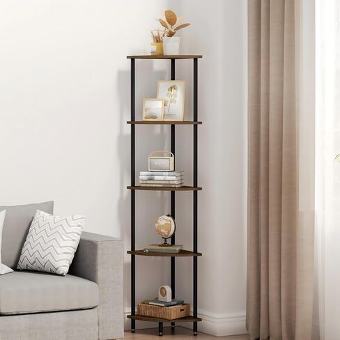 6 Tier Corner Shelf, Bookcase for Small Spaces, Corner Display Shelf, Plant Stand, Rustic Brown and Black,Suitable for Bedroom,Living Room,Kitchen in Saudi Arabia